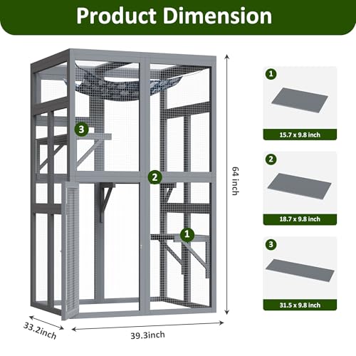 YADSUNY 64 Inch Catio Outdoor Cat Enclosure, Large Cat House for Outdoor Cats with Updated Framework Structure, Outside Cat Patio Cattery Weatherproof for Multiple Cats, Grey YADSUNY