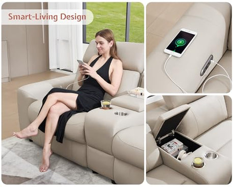 AMERLIFE Power Recliner Sectional Sofa with Storage/USB Port, Leather Recliner Sofa with Adjustable Headrest, Reclining Sectional Couches with Console and Cup Holder for Living Room (Beige Brown) AMERLIFE