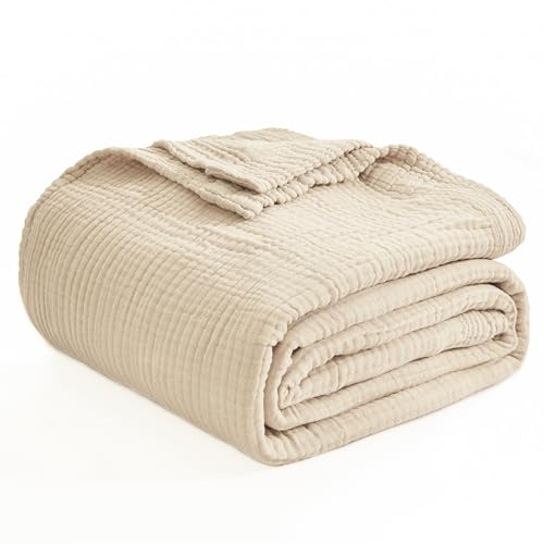 EMME Cotton Bed Blanket Twin Size Soft Muslin Boho Bedding Lightweight Breathable Light Tan Twin Blanket All Season Gauze EMME