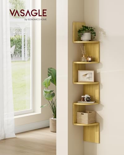 VASAGLE 5-Tier Natural Oak Corner Shelf - Modern Floating Bookshelf for Home and Office - WoodArtSupply