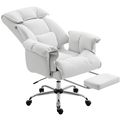 HOMCOM Executive Office Chair Comfy with Foot Rest, Reclining Swivel Computer Desk Chair with High Back, Thick Cushion, Padded Armrest, Adjustable Height, Rolling Wheels, Cream White HOMCOM