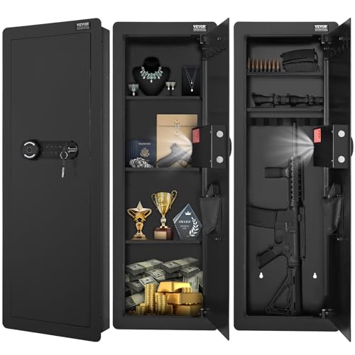 VEVOR 42.91" Tall Wall Gun Safe, 4-Tier Hidden Gun Safe with Keypad & Fingerprint, 3 Removable Shelves & 6 Key Holders, Q235 Cold-Rolled Steel Gun Safe with LED Light, Vibration Alarm, Holste - WoodArtSupply