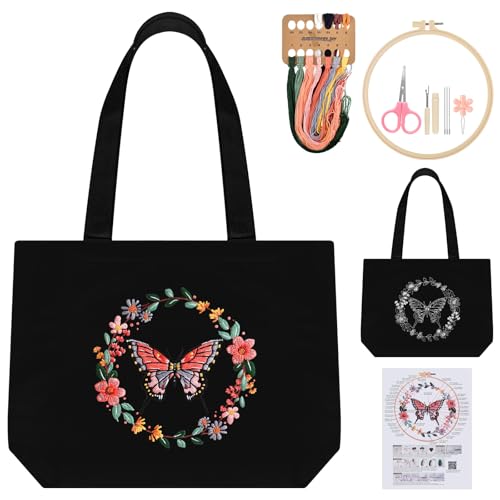 ERKOON Embroidery Canvas Tote Bag for Beginners, Floral Arts Crafts Cross Stitch Kits for Adults Including Stamped Embroidery Bag with Hoops, Needle, Instruction and Color Threads (Butterfly)