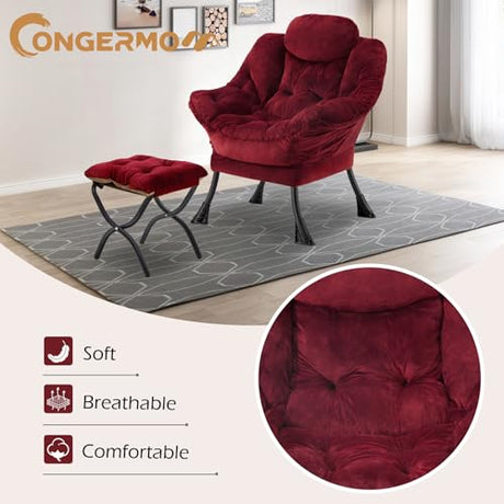 Congermom Lazy Chair with Folding Ottoman,Leisure Sofa Chair,Soft Fabric Armchair with Armrests and Side Pockets, Reading Chair with Footrest for Living Room, Bedroom, Office (Plush Red) Congermom