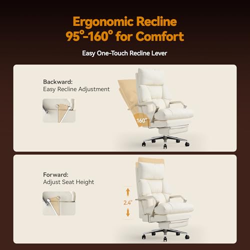 OKUP® M76 Recline Office Chair with Footrest, 160° Infinite Reclining 10" Thick Executive Desk Chair, 420lb Heavy Duty Big and Tall, Adjustable Seat Depth, Cream OKUP