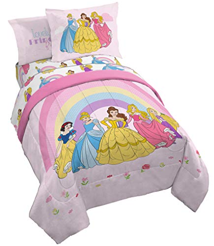 Jay Franco Disney Princess Rainbow 5 Piece Twin Bed Set - Includes Comforter & Sheet Set - Bedding Features Aurora, Belle, & Cinderella - Super Soft Fade Resistant Microfiber Jay Franco