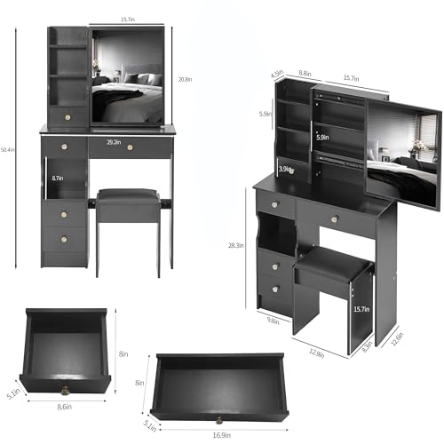 Montary 29.2" Small Size Vanity Desk with Drawers & Sliding Mirror, Cushioned Stool Included, Multi-Layer Storage, Hidden Compartments,Practical & Fashionable Dresser for Small Spaces,Black Montary