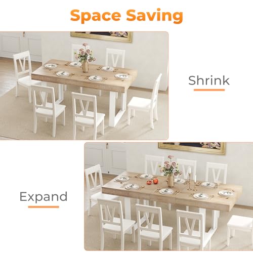 Zevemomo 63"-78.7" Expandable Dining Table, 6-10 Farmhouse Kitchen Table, Extendable Dining Table, Rectangular Kitchen Table with Metal Track, Tapered U-Shaped Legs for Dining Room, Office-Oak Zevemomo