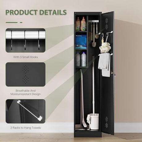 Letaya Broom Closet Storage Cabinet,Metal Cleaning Supply Tool Cabinet,Utility Cabinets for Brooms & Mops Black Garage Organization Cabinet for Laundry Room, Bathroom Letaya