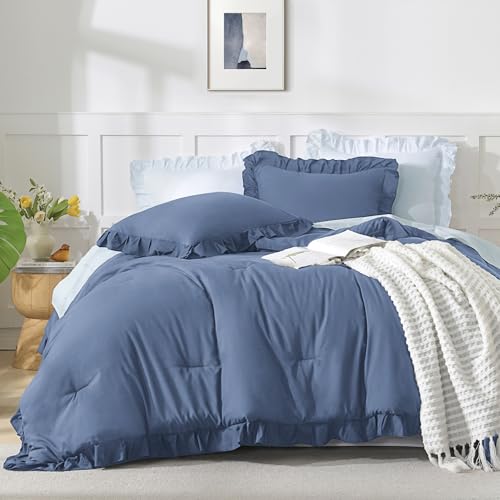 Andency Ocean Blue King Size Comforter Set, 3 Pieces Solid Farmhouse Shabby Chic Bedding Comforters & Sets, All Season Western Rustic Soft Down Alternative Bed Set for Adult Men Women Andency