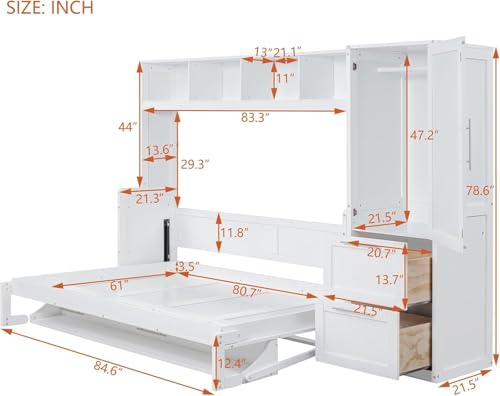 Virubi Queen Horizontal Murphy Bed with Storage Wardrobe Closet,2 Drawer,4 Storage Shelves,Wood Folding Murphy Wall Bed Cabinet for Adult (Grey,Queen) Virubi