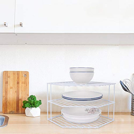 3-Tier Corner Shelf Counter and Cabinet Organizer - Steel Metal Wire - Rust Resistant - Plates, Dishes, Cabinet & Pantry Organizer - Kitchen Organization (10 x 7.5 Inch)(White) SIBAO