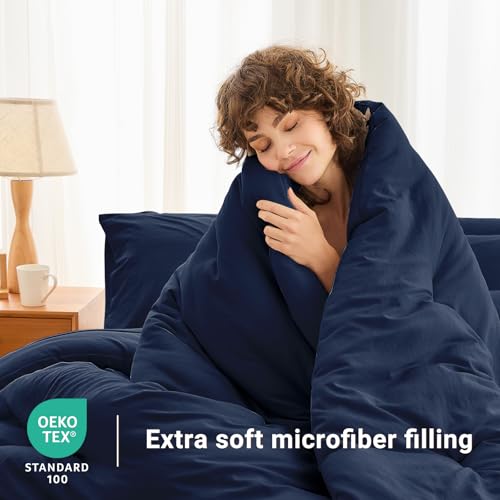 MUXHOMO 7 Pieces Queen Comforter Set, Soft Bed in a Bag Queen Size, All Season Bedding Set with Comforter, Flat Sheet, Fitted Sheet, Pillowcases & Shams, Navy Blue MUXHOMO