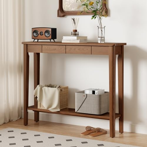 AQIMUELE Wood Console Table with Drawers, Mid Century Modern Console Table Walnut for Entryway, Living Room, Hall Way. AQIMUELE