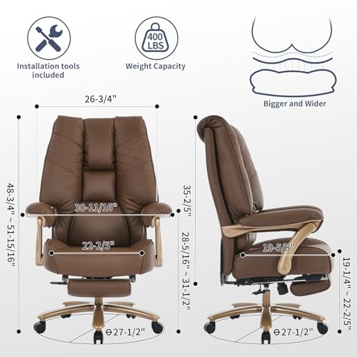 EXCEBET Big and Tall Executive Office Chair with Footrest, 400LBS Capacity Ergonomic High-Back Desk Office Chair with Lumbar Support, Padded Armrests & Thick Cushion, Brown PU Leather Chairs EXCEBET