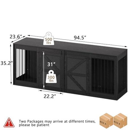 Nordee Axio 94.5 Inch Double Dog Crate Furniture, Farmhouse Dog Kennel TV Stand for 2 Large Dogs, Wooden Dog Cage Extra Large Breed with Divider & Solid Metal Tube, Black Nordee Axio