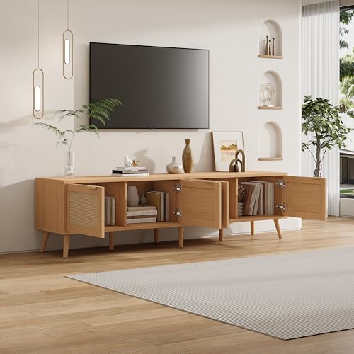 Merax Boho TV Stand for 80 Inch TV, 70" Rattan Entertainment Center with 2 Drawers and 3 Storage Cabinets, TV Media Console Table with Solid Wood Legs & Cable Holes for Living Room, Bedroom Merax