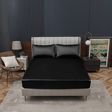 Homiest Black Satin Fitted Sheet Full Size Deep Pocket Luxury & Ultra Soft Bedding Single Bottom Bed Sheets Sold Separately Homiest