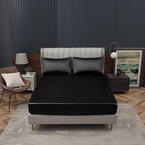 Homiest Black Satin Fitted Sheet Twin Size, Deep Pocket, Luxury & Ultra Soft Bedding Homiest