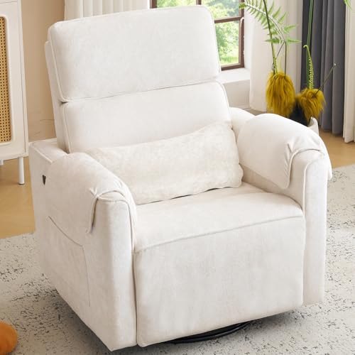 RUTOX Oversized Power Recliner Chair Swivel Glider with Adjustable Headrest, 26" Extra Wide Glider Nursery Chair with Overstuffed Armrest, USB Ports, Chenille Fabric, Cream
