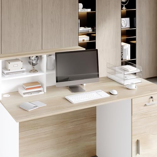 WOODTIME 55" W Reception Desk with Lockable Drawer, Door & Open Shelves, Modern Front Counter Table Office Reception Counter for Checkout, Store, Salon, White & Natural