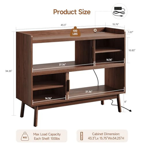 ONBRILL 44" Sideboard Buffet Cabinet with Outlet & 2 Open Storage Spaces, Fluted Sideboard Cabinet with Sliding Door & Adjustable Shelves, Mid-Century Accent Coffee Bar Console Table with Wooden Feet ONBRILL