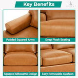 Naomi Home Siggy Genuine Leather Sofa - Luxurious Comfort, Goose Feather Cushion Filling, Square Arm Design, Sturdy Block Legs, Elegant Tan - Ideal for Living Room, Office, or Bedroom Naomi Home