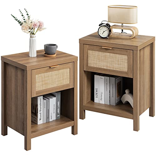 SICOTAS Rattan Nightstand Set of 2 - Farmhouse Night Stand with Drawer and Storage Shelf - Boho Bedside Table End Table Side Table Accent Table for Bedroom Living Room - WoodArtSupply