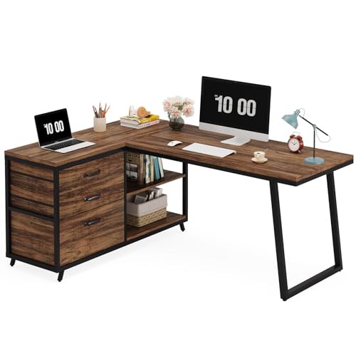 LITTLE TREE Reversible 53-inch L Shaped Desk with 3 Drawer, Farmhouse Corner Desk Gaming Table with Shelves and File Cabinet for Letter Size & Legal Size File for Home Office and Small Space LITTLE TREE