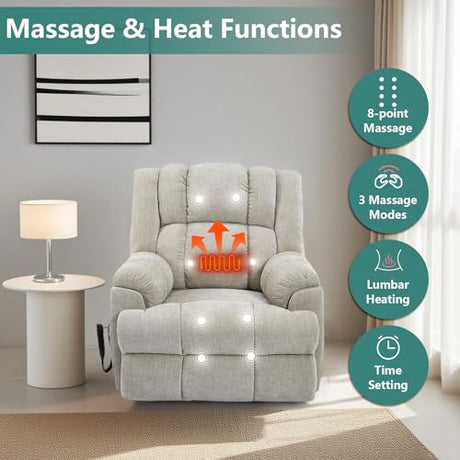 RHHVVR Power Lift Recliner Chair for Elderly, Oversized Chenille Electric Recliners Chairs for Living Room, Dual Motor 180° Lay Flat Recliner Big Sofa with Massage and Heating, Heavy-Duty, Beige RHHVVR