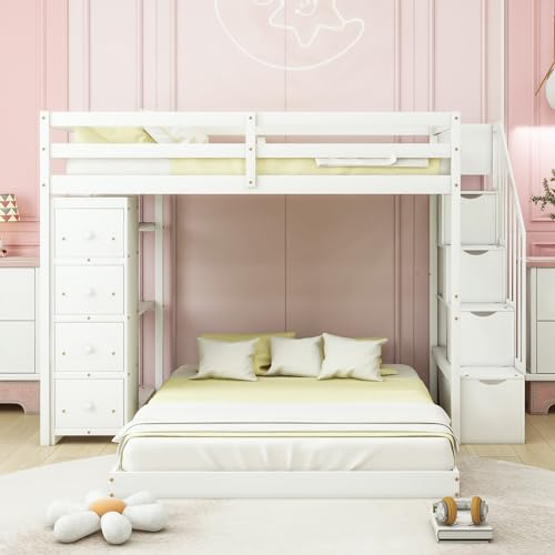 Merax Twin Over Full Bunk Bed Wood Frame with 3-Layer Shelves,4 Drawers and 3 Storage Stairs for Boys and Girls,Grey Merax