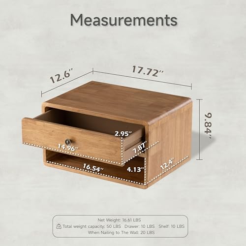 COZAYH Farmhouse Rubber Wood Floating Nightstand with Drawer and Open Shelf, Transitional Wall Mounted Side Table with Open Slot for Bedroom, Fully Assembled (Natural) COZAYH