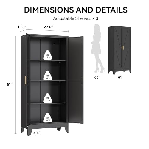 COFaR 61" Metal Pantry Cabinet in Black, Modern Storage Cabinet with Adjustable Shelves, Sturdy Metal Cupboard for Kitchen, Office, Living Room & Bathroom Organization COFaR