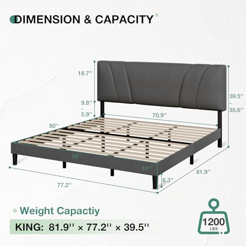Novilla King Bed Frame and Headboard, Linen Upholstered King Size Bed Frame with Wood Slats Support, No Box Spring Needed, Heavy Duty Feet, Easy Assembly, Grey Novilla