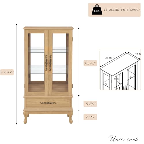 KavlSean 52" H Lighted Display Cabinet, Curio Display Case with 3-Tier Adjustable Shelves, Curio Cabinet with Tempered Glass Doors and Light Bulb, Rack for Living Room Storage (Light Oak) KavlSean