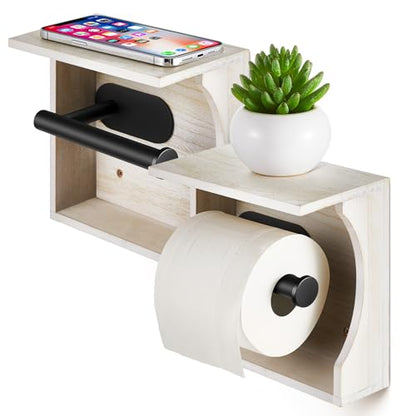 Mifoci 2 Pcs Farmhouse Toilet Paper Holder with Shelf Rustic Wooden Wall Mounted Tissue Roll Holder with Phone Storage Shelf Paper Dispenser Holder for Bathroom