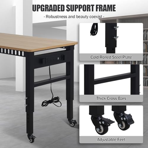 48" Adjustable Workbench with Power Outlets - 2000 LBS Load Capacity, Rubber Wood Top, 6-Level Height Adjustment (26.3" to 35.8") - Heavy-Duty Work Table for Workshop, Garage, Home Yoloyakidra