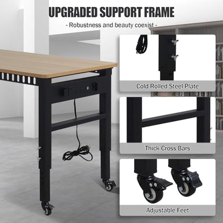 48" Adjustable Workbench with Power Outlets - 2000 LBS Load Capacity, Rubber Wood Top, 6-Level Height Adjustment (26.3" to 35.8") - Heavy-Duty Work Table for Workshop, Garage, Home Yoloyakidra