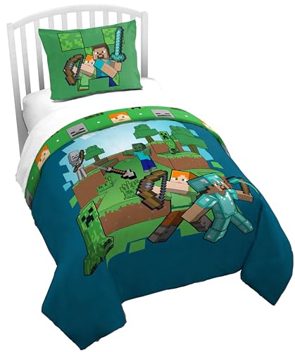 Jay Franco Duvet Cover Set – 2 Piece Comforter Cover and Sham Set, Super Soft Cozy Kids Bedding (Insert Not Included) Blue - Minecraft, Twin Jay Franco