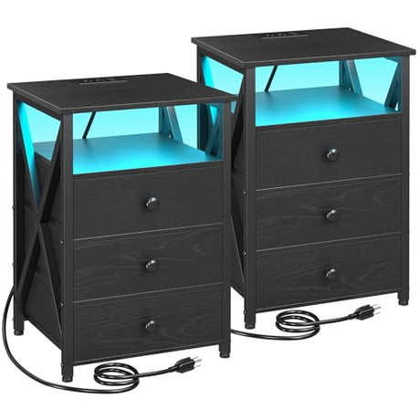 AMHANCIBLE Night Stand Set 2, LED Nightstand with Charging Station, End Side Tables with USB Port & Outlet, Bedside Table with Fabric Drawers for Bedroom Living Room, Black, HET053LBK AMHANCIBLE