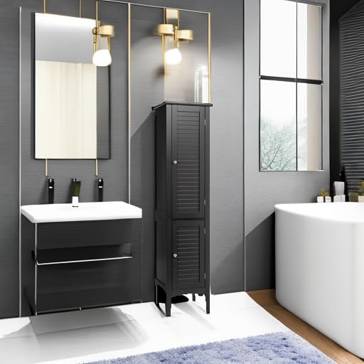 Tangkula Tall Bathroom Storage Cabinet, 5-Tier Wooden Freestanding Tower Cabinet, Narrow Storage Floor Cabinet w/ 2 Doors & Shelves for Bathroom Living Room Kitchen (Black) Tangkula