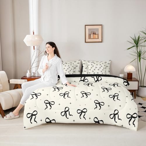 Erosebridal Black and Beige Bow Comforter Set with Sheets Teen Girls Coquette Bow Queen Size Bedding Modern Fashion Bed in A Bag 7-Piece for Women Minimalists Aesthetic Bowknot Bed Collections Erosebridal