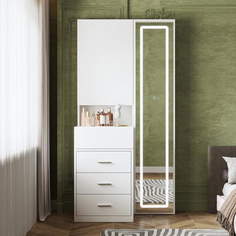 TAMUNE Vanity Desk with Mirror and Lights, Makeup Vanity with Drawers and Hidden Shelves, Full Length LED Mirror, Bedroom Dressing Table with Sliding Top, Grid Drawer, White, 19.7”D x 31.5”W x 63”H TAMUNE
