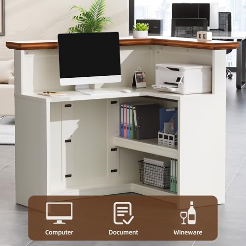 OUTGUAVA Reception Desk with Counter, Modern L Shaped Reception Desk with Storage Shelves, 52” Retail Counter for Checkout, Lobby, Office, Salon, White OUTGUAVA