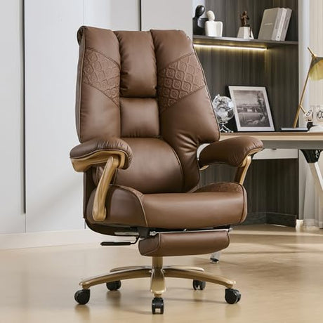 EXCEBET Big and Tall Executive Office Chair with Footrest, 400LBS Capacity Ergonomic High-Back Desk Office Chair with Lumbar Support, Padded Armrests & Thick Cushion, Brown PU Leather Chairs EXCEBET
