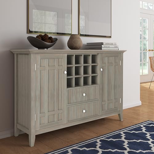 SIMPLIHOME Bedford Solid Pine Wood 54 inch Rustic Sideboard Buffet Credenza in Distressed Grey features 2 Doors, 2 Drawers and 2 Cabinets with 12 Bottle Wine Storage Rack - WoodArtSupply