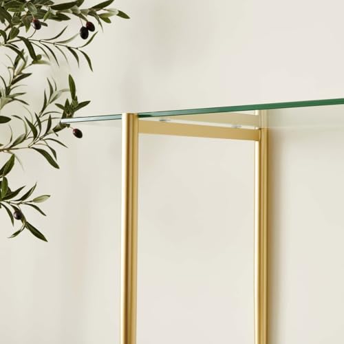 LumFurn Glass Console Table for Living Room, Foyer & Entrance, 2-Tiers Mid-Century Modern Sofa Table with Clear Glass Top, White Marble Finish Wood Shelf and Gold Finish Frame LumFurn