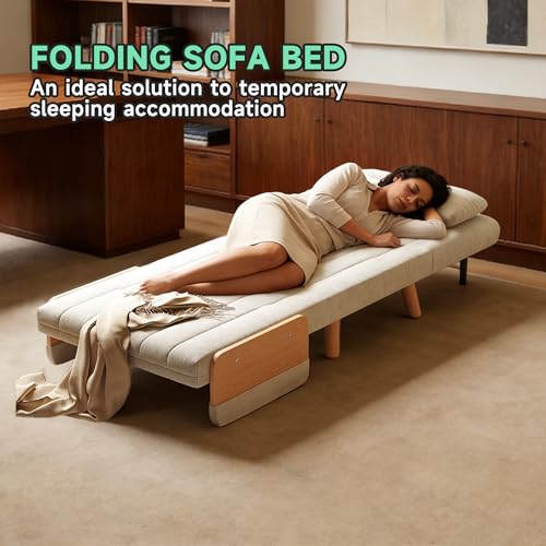 FLOCQISEM Convertible Chair Bed, Futon Sofa Bed Sleeper Chair with Solid Wood Leg and Storage Pocket, Linen Fabric Sofa Couch Guest Bed for Living Room, Bedroom, Office, Apartment (27.56) FLOCQISEM