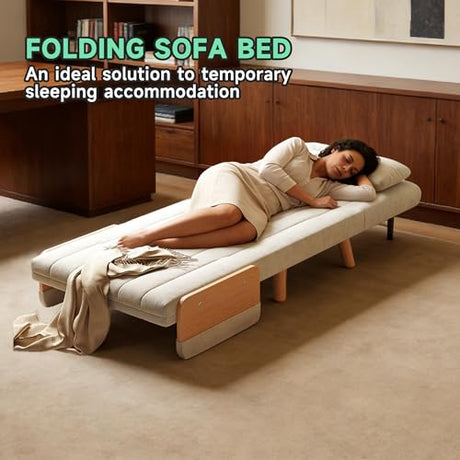 FLOCQISEM Convertible Chair Bed, Futon Sofa Bed Sleeper Chair with Solid Wood Leg and Storage Pocket, Linen Fabric Sofa Couch Guest Bed for Living Room, Bedroom, Office, Apartment (27.56) FLOCQISEM