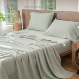 MooMee Bedding Sheet Set 100% Washed Cotton Linen Like Textured Breathable Durable Soft Comfy (Heathered Sage Green, King) MooMee